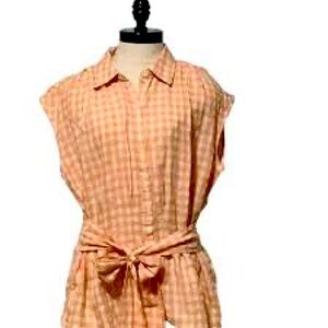 Max Studio sz L bow tie waist gingham blouse